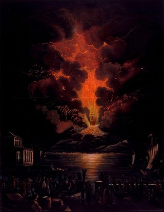 An eruption of Mount Vesuvius at night; people watching the eruption in the foreground. Coloured aquatint by F. Weber after A. d'Anna.