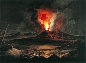 view An eruption of Mount Vesuvius at night; boat and two men in the foreground. Coloured aquatint by J.W. Edy after J. More, 1800.