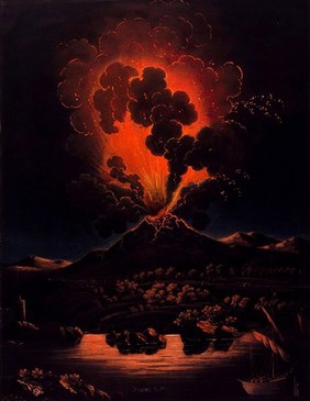 An eruption of Mount Etna at night; people in a boat in the foreground. Coloured aquatint by F. Weber after A. d'Anna.