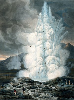 view A hot spring in Iceland; people in the foreground. Coloured aquatint by F. Chesham, December 1796.