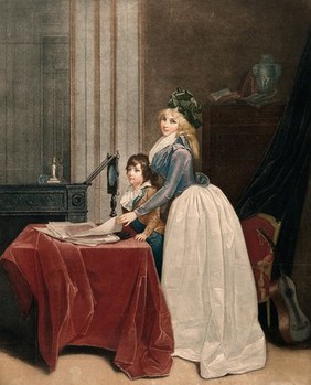 A woman and a boy are looking at prints with the aid of a lens and mirror; an antique urn and a guitar in the background. Coloured stipple print by J.F. Cazenave after L.L. Boilly, ca. 1793.