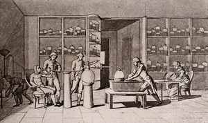 view Lavoisier in his laboratory conducting an experiment on the respiration of a man resting. Photogravure after M.A.P. Lavoisier.