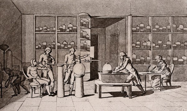 M0004488: Antoine Lavoisier (1743-1794) in his laboratory conducting an experiment on the respiration of a man at work. Photogravure after M.A.P. Lavoisier.