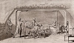 view Lavoisier in his laboratory conducting an experiment on the respiration of a man at work. Photogravure after M.A.P. Lavoisier.