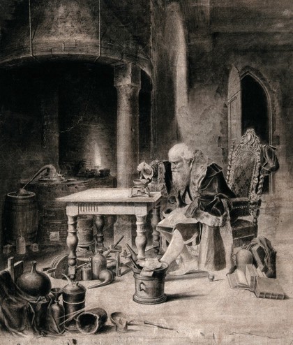 An elderly alchemist seated in an armchair in his study, conducting an experiment. Drawing.