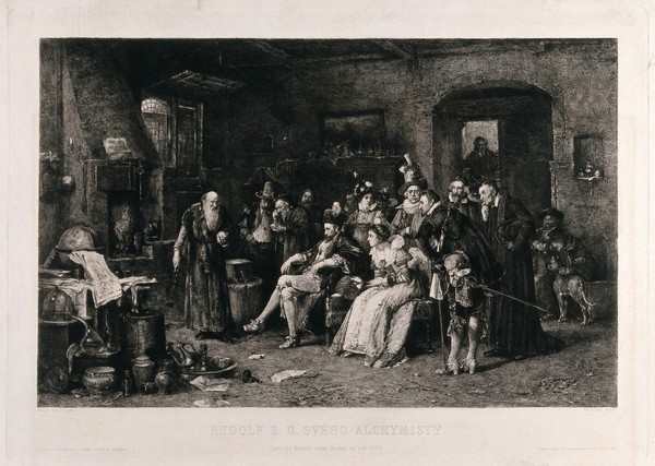 An elderly alchemist (Michael Sendivogius or Sędziwój?) conducting an experiment in front of Emperor Rudolf II and members of his court. Etching by A. Mathey after V. Brožík, 1885.