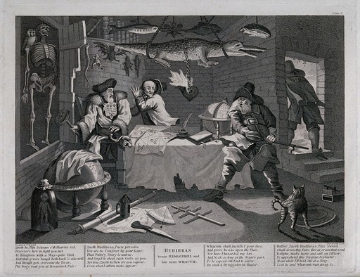 Three men around a table in a cabinet of naturalia; various animals suspended from the ceiling. Engraving by T. Cook after W. Hogarth, ca. 1760.