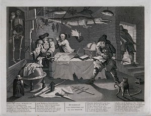 view In a chamber containing stuffed animals, a globe and astrological devices Hudibras, about to draw his sword, startles Sidrophel and Whacum. Engraving by T. Cook, ca. 1808, after W. Hogarth.