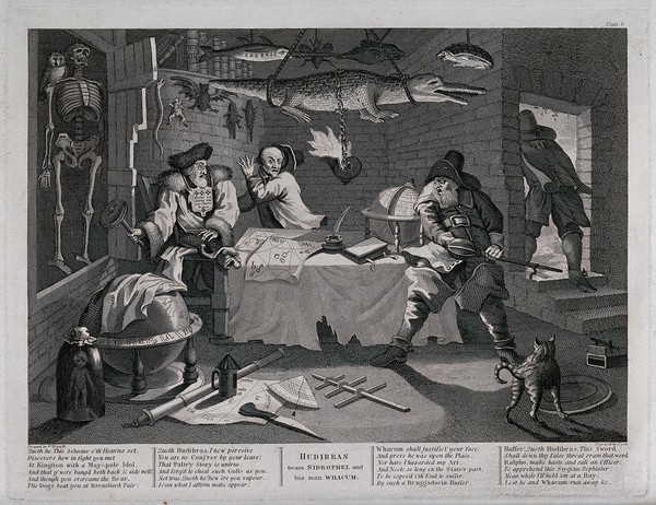 In a chamber containing stuffed animals, a globe and astrological devices Hudibras, about to draw his sword, startles Sidrophel and Whacum. Engraving by T. Cook, ca. 1808, after W. Hogarth.