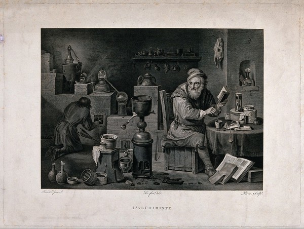An alchemist seated at a table in his study; young man lighting a stove in the background. Engraving by J.L Perée after Lefort after D. Teniers the younger, ca. 1810.