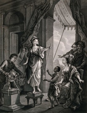 Madame du Barry (?) and two servants demonstrate an experiment on electricity to a lady seated in a chair attended by two men. Engraving by J,F. Beauvarlet after C.A. Vanloo, ca. 1770 (?).