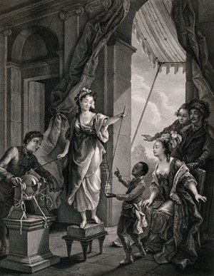 view Madame du Barry (?) and two servants demonstrate an experiment on electricity to a lady seated in a chair attended by two men. Engraving by J,F. Beauvarlet after C.A. Vanloo, ca. 1770 (?).