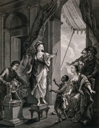 Madame du Barry (?) and two servants demonstrate an experiment on electricity to a lady seated in a chair attended by two men. Engraving by J,F. Beauvarlet after C.A. Vanloo, ca. 1770 (?).