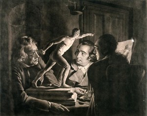 view Three gentlemen observing a statuette of the Borghese warrior. Mezzotint by W. Pether, 1769, after J. Wright of Derby.