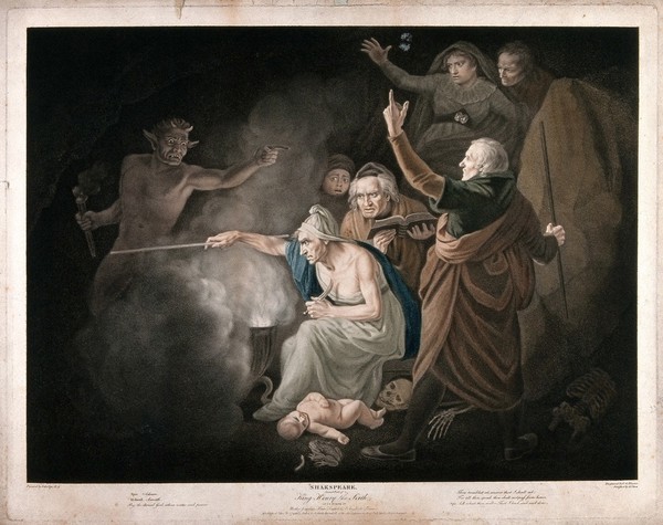 An episode in King Henry VI, part II: Margerie Jourdayne with others conjure up a diabolical spirit in the hope of revealing to Humfrey Duke of Gloucester the results of competing claims to the English crown. Colour stipple print by C.G. Playter and R. Thew after J. Opie, 1796.