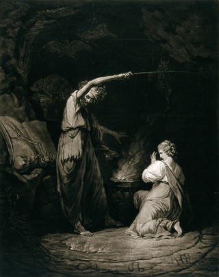 A witch, raising her arm above a flaming cauldron, recites a spell; a young woman kneels in front of the cauldron. Mezzotint by J. Dixon after J.H. Mortimer, 1773.