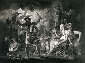 view Macbeth, the three witches, Hecate, and the eight kings, in a cave. Stipple print by R. Thew after J. Reynolds, 1 December 1802.