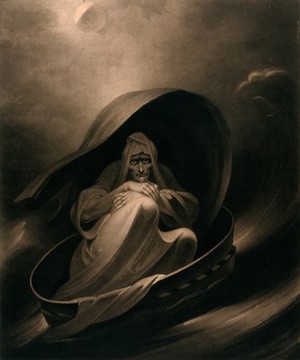 view A witch surfing on a sieve. Mezzotint by C. Turner, 1807, after J.J. Halls.