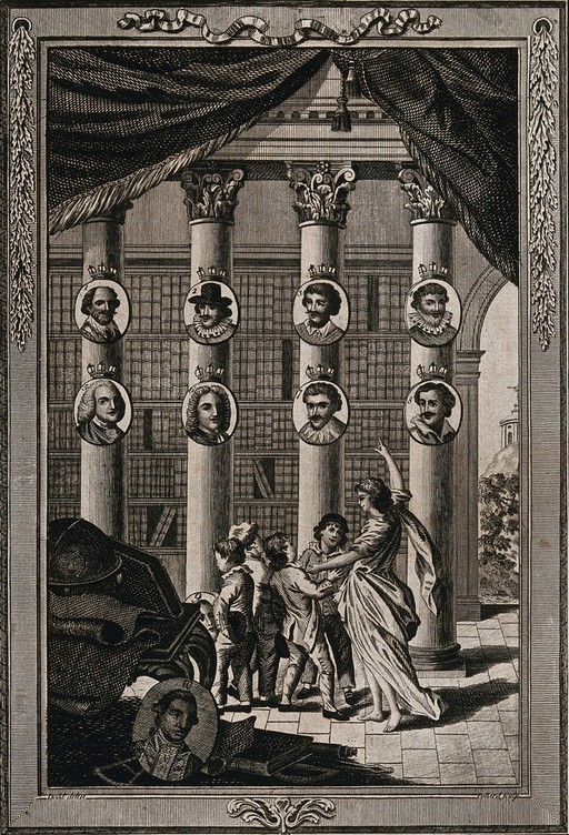 Children being instructed in the exploits of famous explorers such as Cook and Columbus. Etching by R. Pollard after D. Dodd, 18--.
