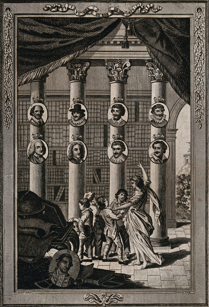 Children being instructed in the exploits of famous explorers such as Columbus and Cook, whose portraits are shown in roundels. Etching by R. Pollard after Dodd, 17--., [1785?], by Robert Dodd