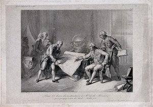 view King Louis XVI, seated, is giving instructions to La Perouse before his departure in 1785 to explore the Pacific Ocean. Engraving by C. Gavard after Sandoz (?) after F. Pigeot after N.A. Monsiaux, 18--.