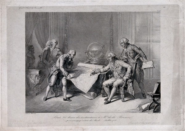 King Louis XVI, seated, is giving instructions to La Perouse before his departure in 1785 to explore the Pacific Ocean. Engraving by C. Gavard after Sandoz (?) after F. Pigeot after N.A. Monsiaux, 18--.