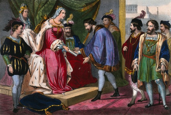 Christopher Columbus receiving from Queen Isabella of Spain his nomination as Viceroy of the territories he will discover on his voyages. Coloured lithograph, ca. 1850.