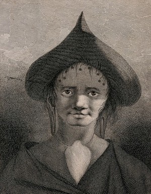 view A woman inhabitant of Easter Island (Rapa Nui). Engraving by J. Caldwall, 1777 after W. Hodges, 1775.