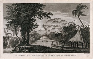 view A burial place on Tongatapu, Tonga. Engraving by W. Byrne, 1777, after W. Hodges, 1773 or 1774.