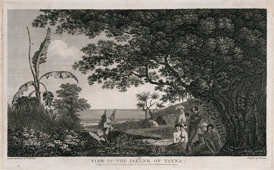 The island of Tanna, Vanuatu, and some of its inhabitants. Engraving by W. Woollett, 1777, after W. Hodges.