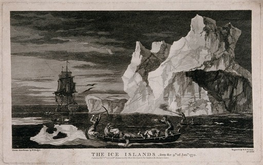 The Resolution, Captain Cook's ship, in the Antarctic circle. Engraving by B.T. Pouncy after W. Hodges, 1 February 1777.