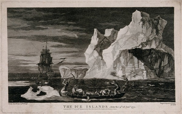 The Resolution, Captain Cook's ship, in the Antarctic circle. Engraving by B.T. Pouncy, 1777, after W. Hodges, 1773.