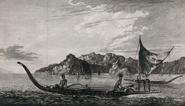 Resolution Bay in the Marquesas Islands: canoes and a sailing boat in the harbour. Engraving by B.T. Pouncy, 1777, after W. Hodges, 1773.