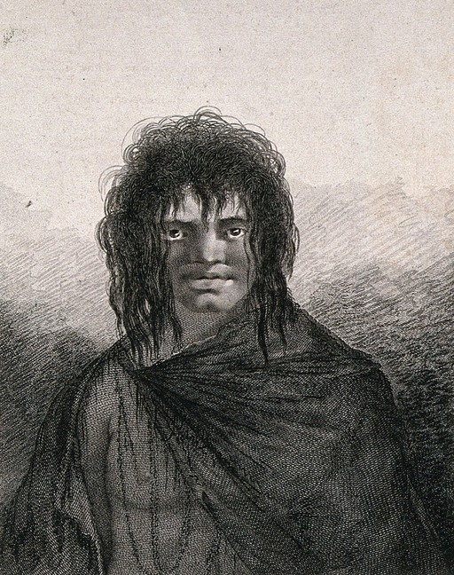 A man from the Tierra del Fuego (Argentina) encountered by Cook on his second voyage. Engraving by J. Basire after W. Hodges, 1 February 1777.