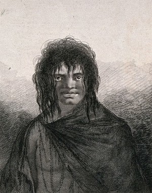 view A man from Tierra del Fuego encountered by Captain Cook on his second voyage. Engraving by J. Basire, 1777, after W. Hodges.