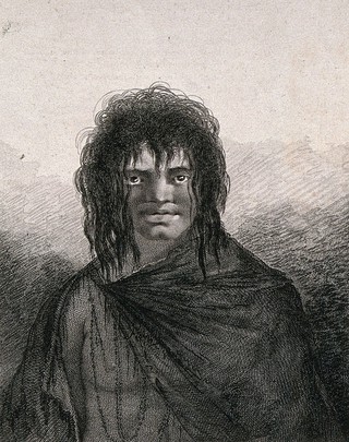 A man from Tierra del Fuego encountered by Captain Cook on his second voyage. Engraving by J. Basire, 1777, after W. Hodges.