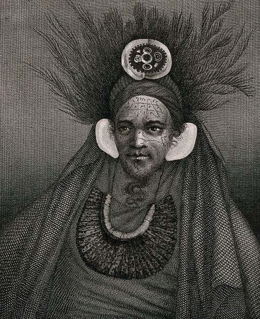 The chief of the tribe of Sta. Christina encountered by Cook on his second voyage. Engraving by J. Hall after W. Hodges, 1 February 1777.