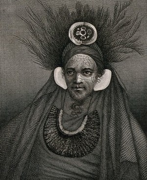 view The ruler of Tahuata, Polynesia, encountered by Captain Cook on his second voyage. Engraving by J. Hall, 1777, after W. Hodges.