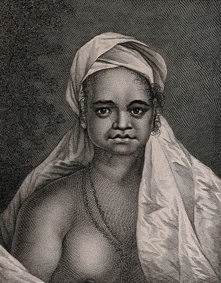 A woman from the island of Tahuata, Polynesia, encountered by Captain Cook on his second voyage. Engraving by J. Hall, 1777, after W. Hodges.