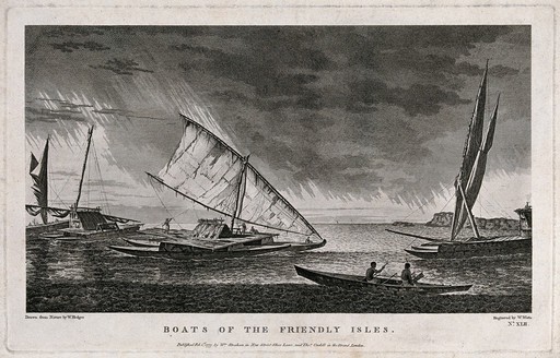Boats fromTonga (Polynesia), encountered by Cook on his second voyage, 1772-1775. Engraving by W. Watts after W. Hodges, 1 February 1777.