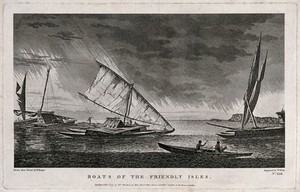 view Catamarans and a canoe in Tonga, Polynesia, encountered by Captain Cook on his second voyage, 1772-1775. Engraving by W. Watts, 1777, after W. Hodges.