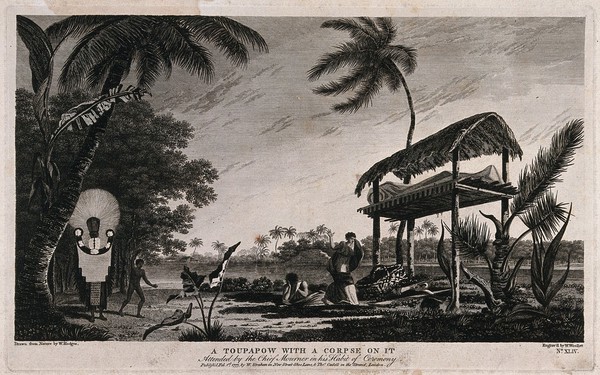 A funerary monument (toupapow) with a corpse on it, encountered by Captain Cook in Tahiti on his second voyage, 1772-1775. Engraving by W. Woollett, 1777, after W. Hodges.