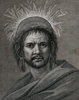 A man from Easter island (Rapa Nui), with elongated ears, encountered by Captain Cook on his second voyage, 1772-1775. Engraving by F. Bartolozzi, 1777, after W. Hodges.