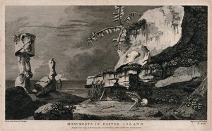 view Monuments on Easter Island (Rapa Nui), encountered by Captain Cook on his second voyage, 1772-1775. Engraving by W. Woollett, 1777, after W. Hodges.