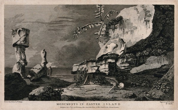 Monuments on Easter Island (Rapa Nui), encountered by Captain Cook on his second voyage, 1772-1775. Engraving by W. Woollett, 1777, after W. Hodges.