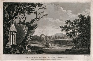 view An island in New Caledonia and some of its inhabitants, visited by Cook on his second voyage, 1772-1775. Engraving by W. Byrne, 1777, after W. Hodges.