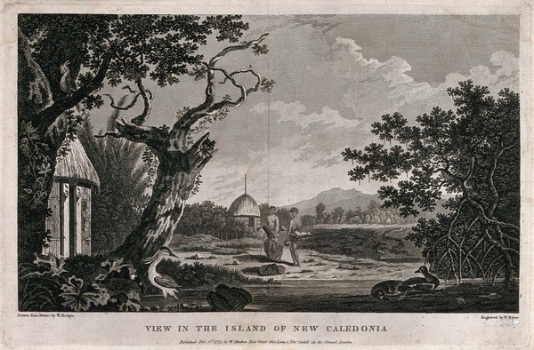 An island in New Caledonia and some of its inhabitants, visited by Cook on his second voyage, 1772-1775. Engraving by W. Byrne, 1777, after W. Hodges.