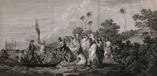 Captain Cook landing on the island of Middleburgh (part of the Friendly islands), welcomed by its inhabitants. Engraving by J.K. Shirwin after W. Hodges, 1 February 1777.