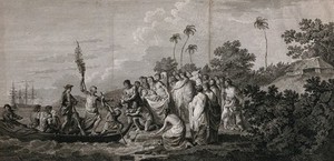 view Captain Cook landing on 'Eua Island, Tonga, welcomed by its inhabitants. Engraving by J.K. Sherwin, 1777, after W. Hodges.