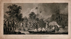 view Captain Cook's landing on the island of Tanna amid a crowd of hostile inhabitants. Engraving by J.K. Sherwin, 1777, after W. Hodges.